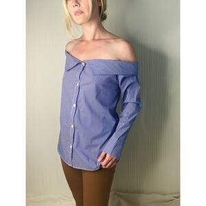 SECULAR Blue & White Striped Off the Shoulder Button Down Blouse M/L